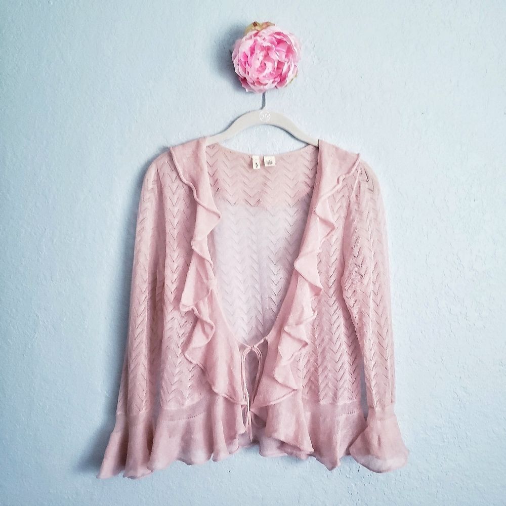 Anthropologie Moth Baby Pink Sheer Ruffle Cardigan Shrug